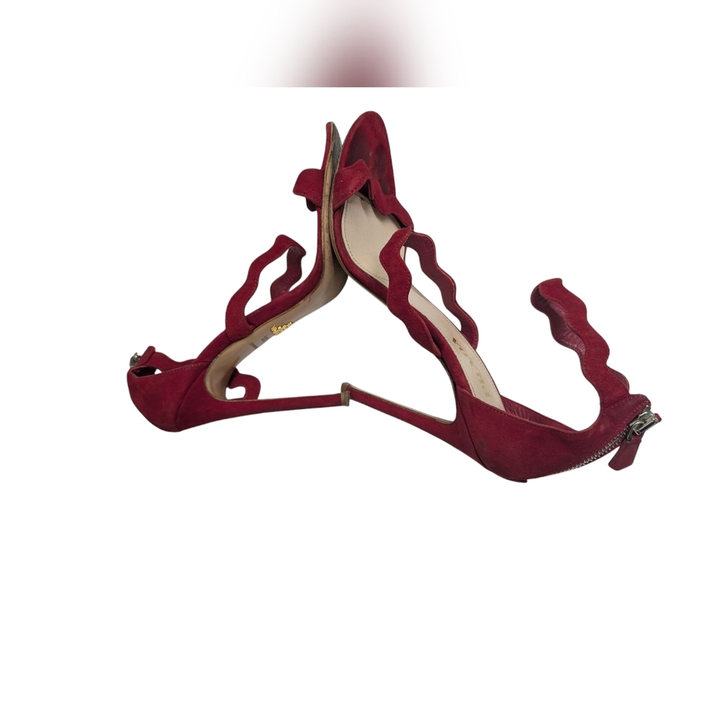 Prada Red Scalloped Suede Heels 38.5 - Picture 3 of 16